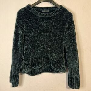 Zara Women Emerald Blue Cropped Knit Crew Neck Sweater Size M